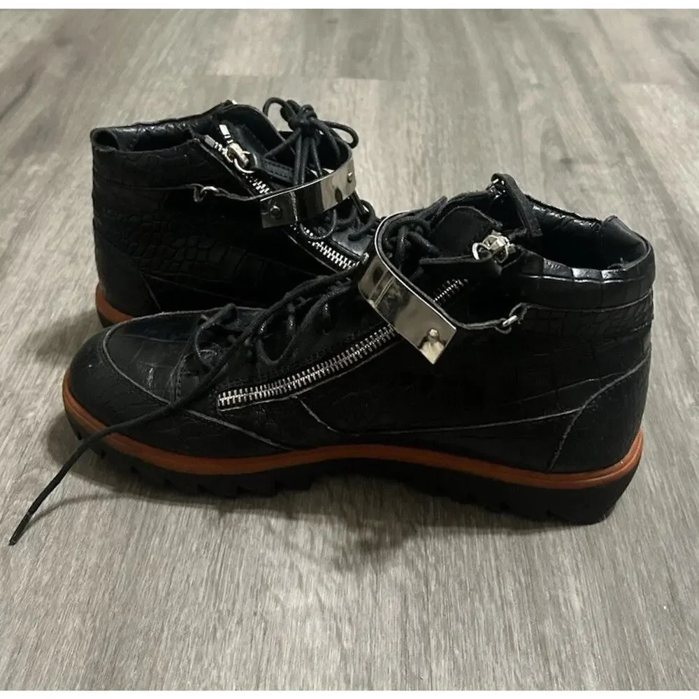 Giuseppe Zanotti Black Croc Embossed Leather High Top Sneakers Double Zip EU 39